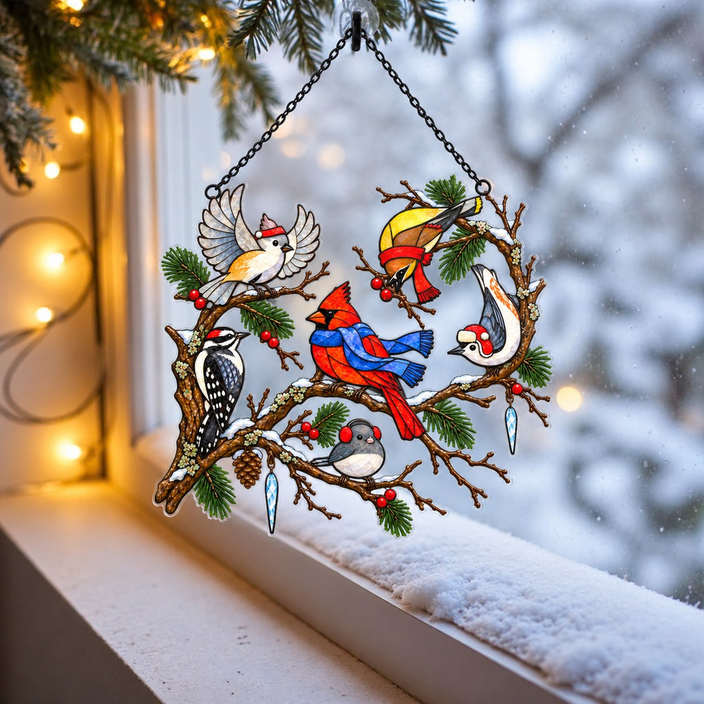Winter Birds in Scarves on Pine Branch Holographic Acrylic Suncatcher