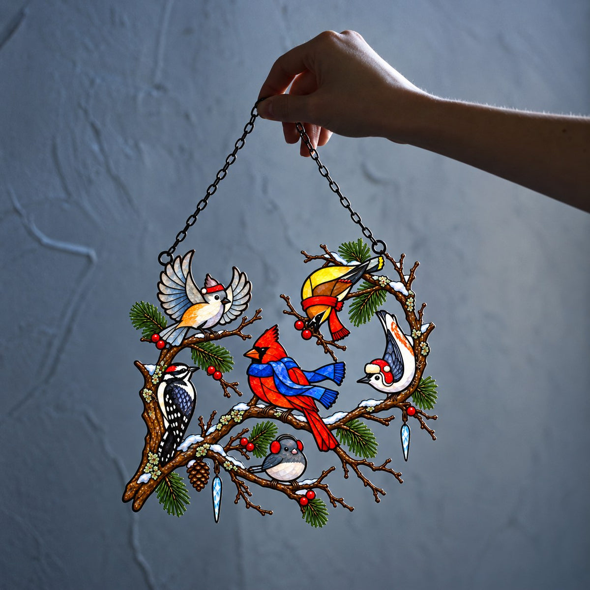 Winter Birds in Scarves on Pine Branch Holographic Acrylic Suncatcher