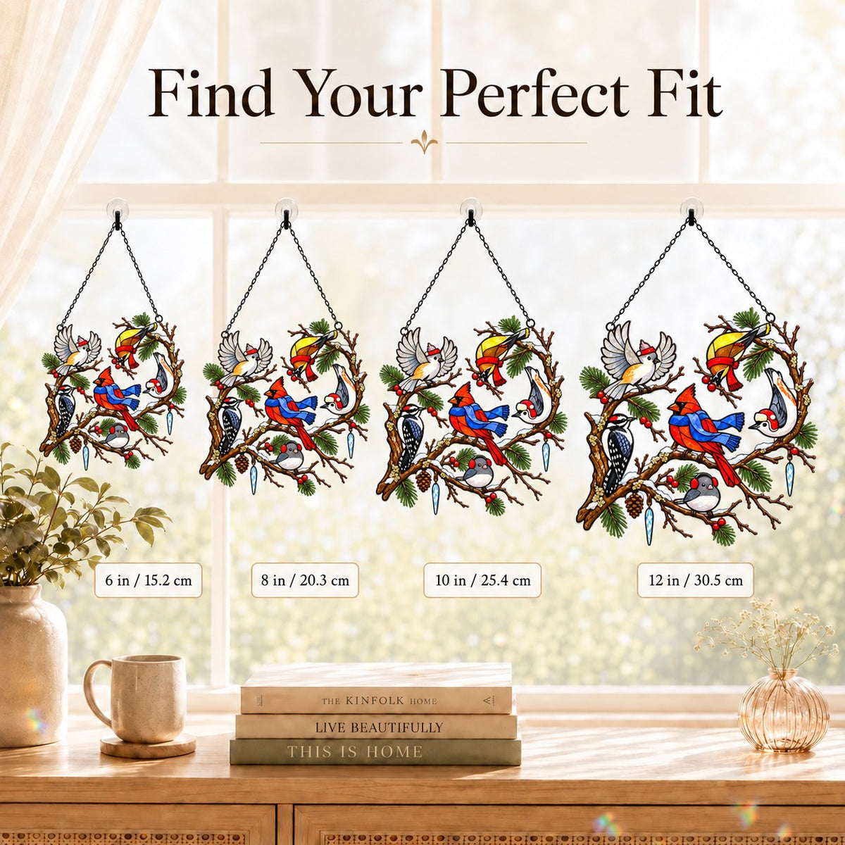 Winter Birds in Scarves on Pine Branch Holographic Acrylic Suncatcher