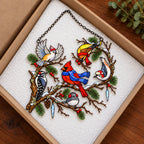 Winter Birds in Scarves on Pine Branch Holographic Acrylic Suncatcher