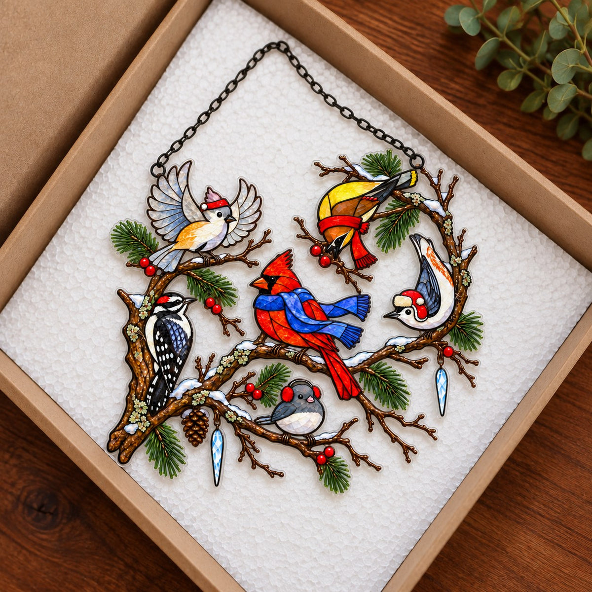Winter Birds in Scarves on Pine Branch Holographic Acrylic Suncatcher