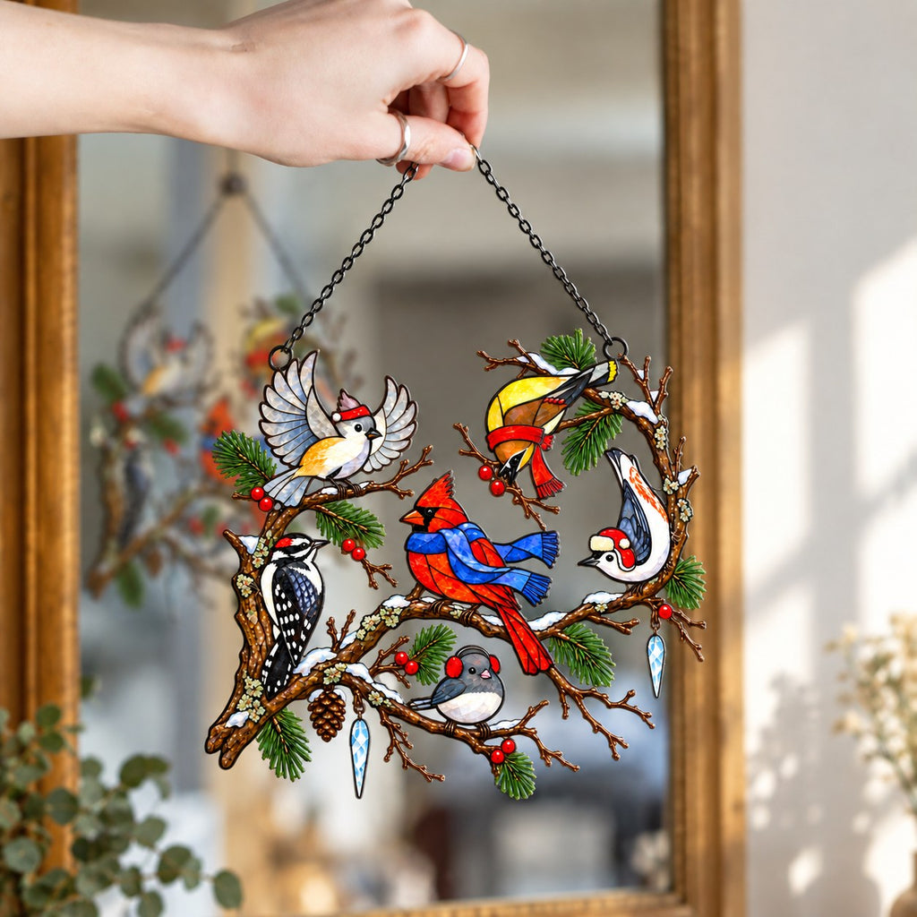 Winter Birds in Scarves on Pine Branch Holographic Acrylic Suncatcher