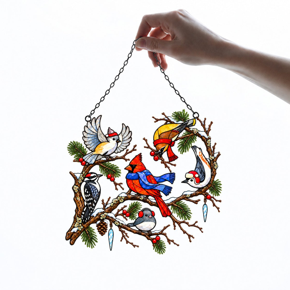 Winter Birds in Scarves on Pine Branch Holographic Acrylic Suncatcher