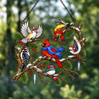 Winter Birds in Scarves on Pine Branch Holographic Acrylic Suncatcher