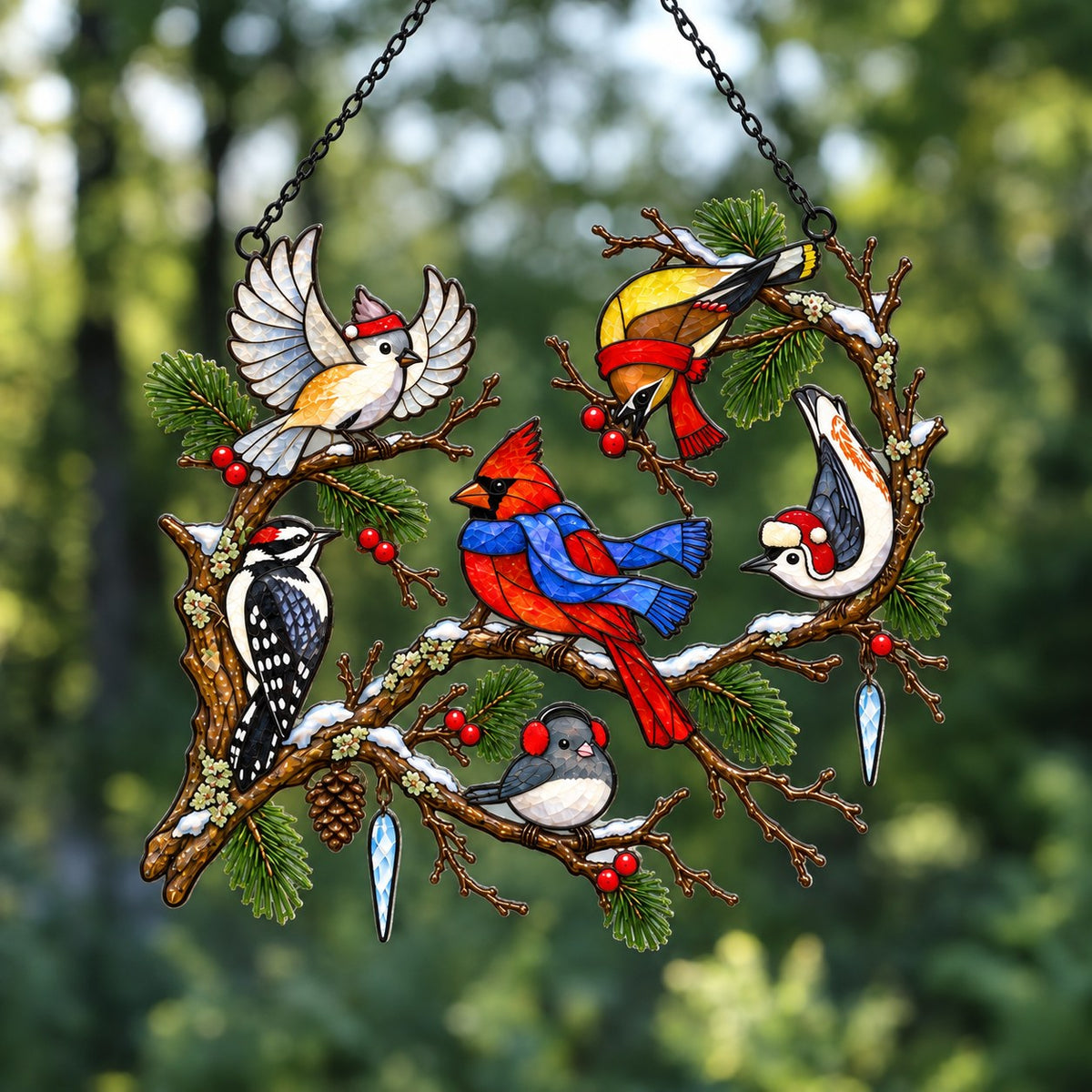 Winter Birds in Scarves on Pine Branch Holographic Acrylic Suncatcher