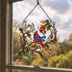 Winter Birds in Scarves on Pine Branch Holographic Acrylic Suncatcher