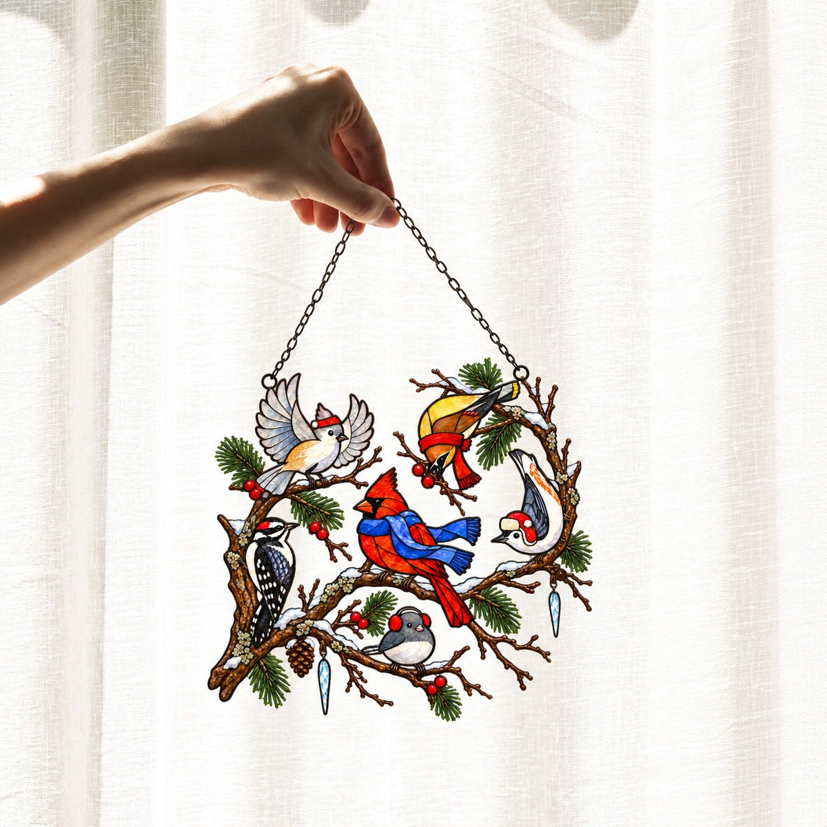 Winter Birds in Scarves on Pine Branch Holographic Acrylic Suncatcher