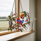 Winter Birds in Scarves on Pine Branch Holographic Acrylic Suncatcher