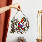 Winter Birds in Scarves on Pine Branch Holographic Acrylic Suncatcher