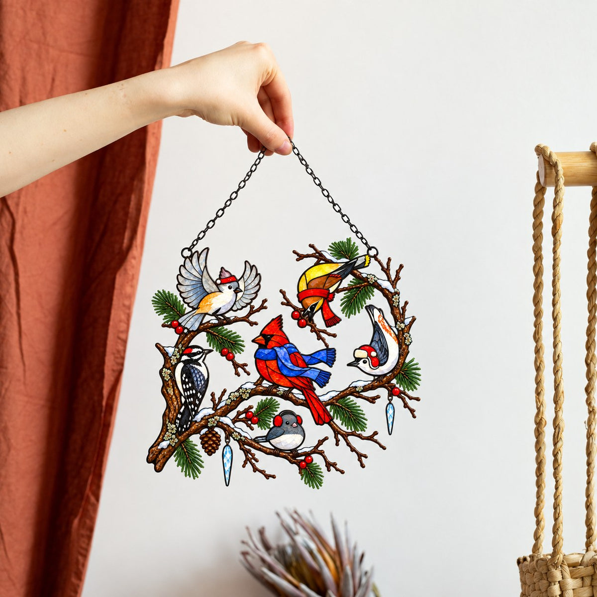 Winter Birds in Scarves on Pine Branch Holographic Acrylic Suncatcher