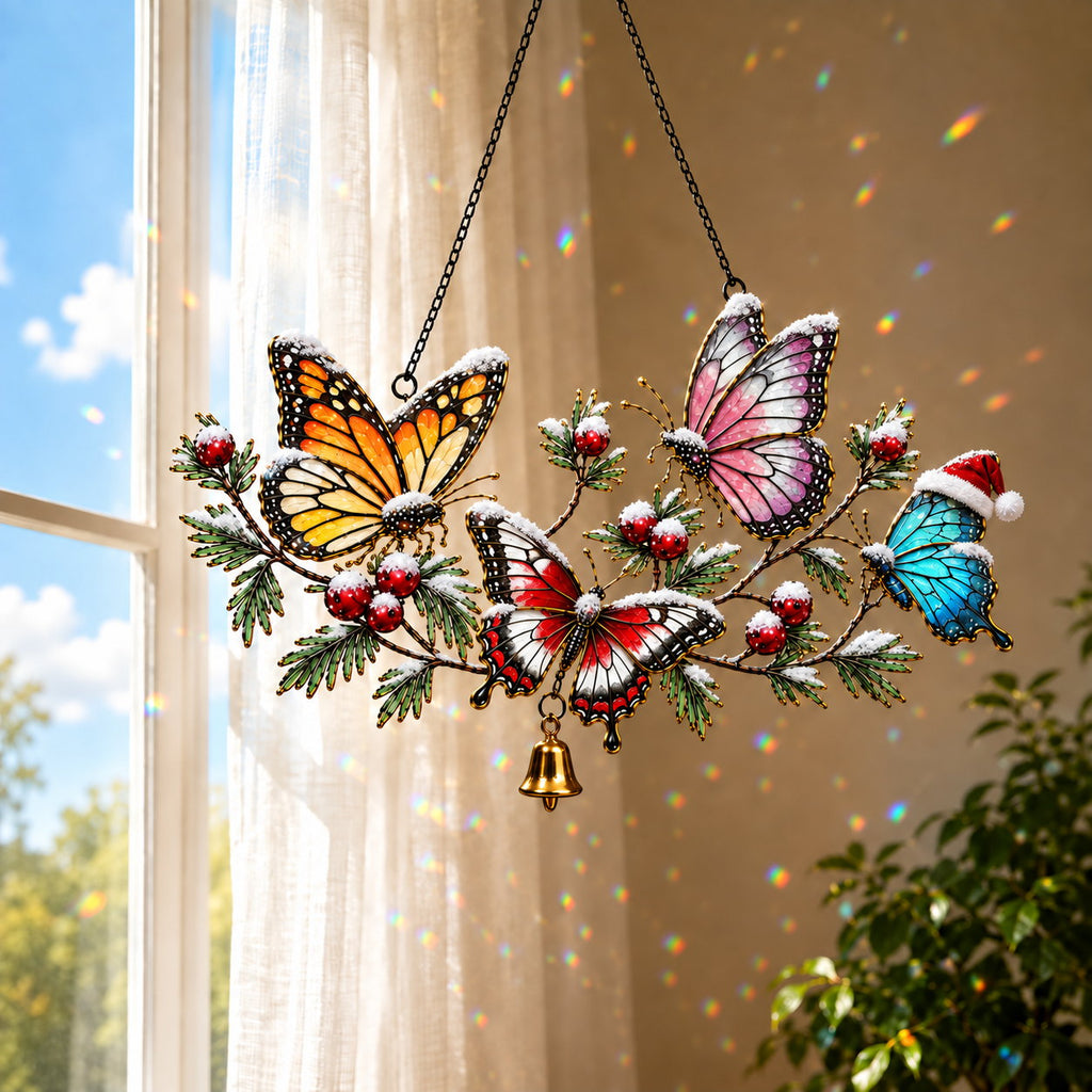 Winter Butterflies on Snowy Pine Branch Holographic Acrylic Suncatcher