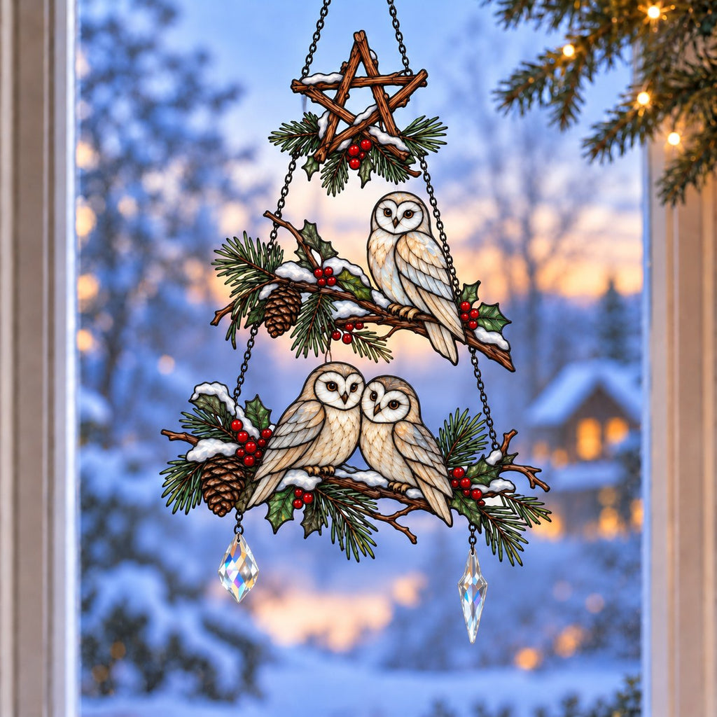 Winter Owl Family Christmas Tree Holographic Acrylic Suncatcher