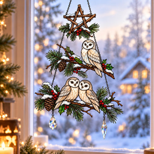 Winter Owl Family Christmas Tree Holographic Acrylic Suncatcher