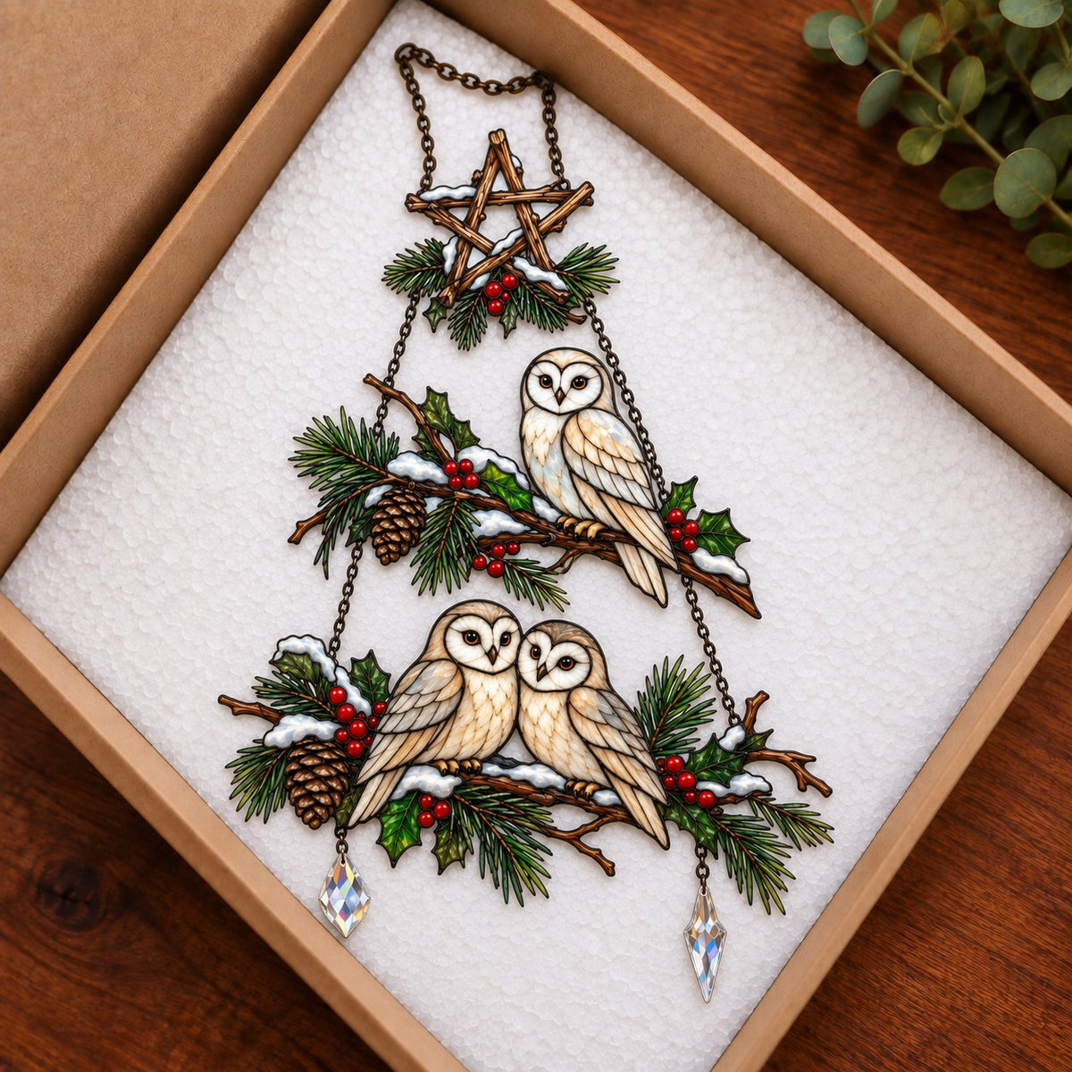 Winter Owl Family Christmas Tree Holographic Acrylic Suncatcher