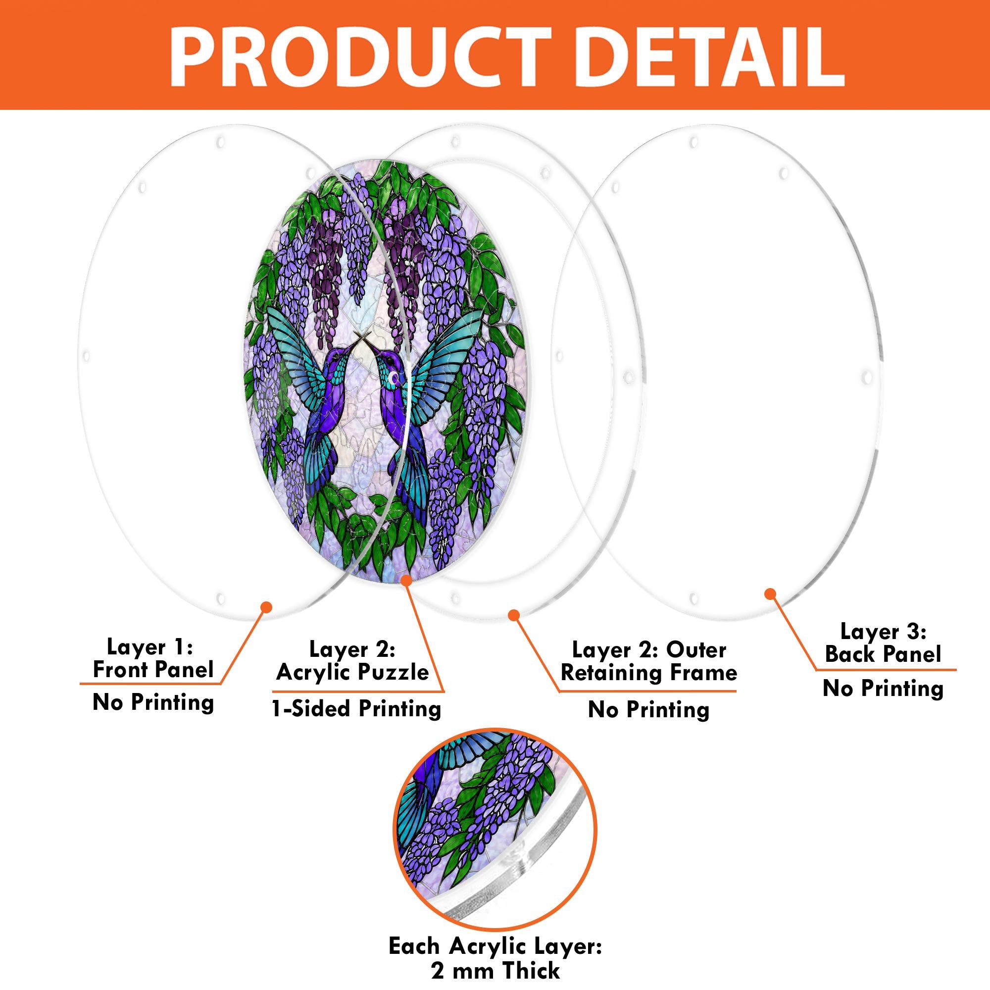 Product detail image showing front and back views, 64 pieces, available sizes, chain, and hardware for the hummingbird puzzle suncatcher.