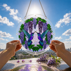 Wisteria hummingbird acrylic puzzle suncatcher held up against a bright blue sky and garden background.