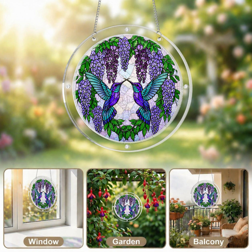 Wisteria hummingbird acrylic puzzle suncatcher displayed in multiple bright home window settings.