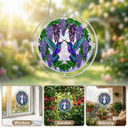 Wisteria hummingbird acrylic puzzle suncatcher displayed in multiple bright home window settings.
