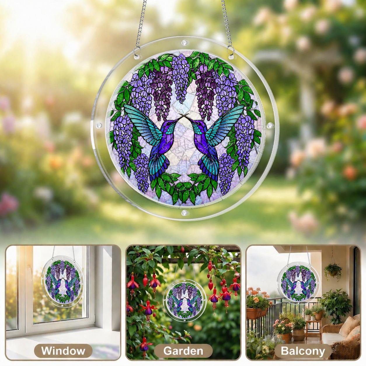 Wisteria hummingbird acrylic puzzle suncatcher displayed in multiple bright home window settings.