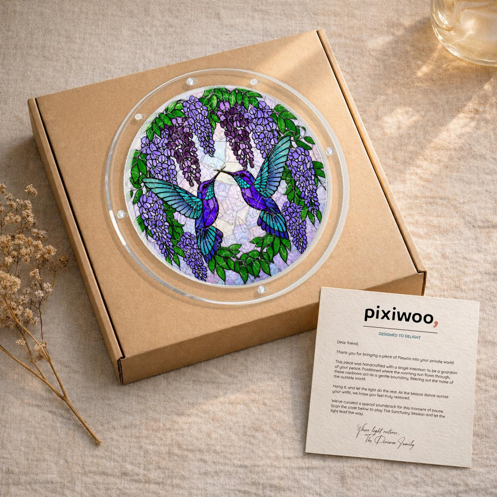 Gift-ready Wisteria Duet Hummingbird acrylic puzzle suncatcher displayed on a kraft box with a Pixiwoo thank-you card.