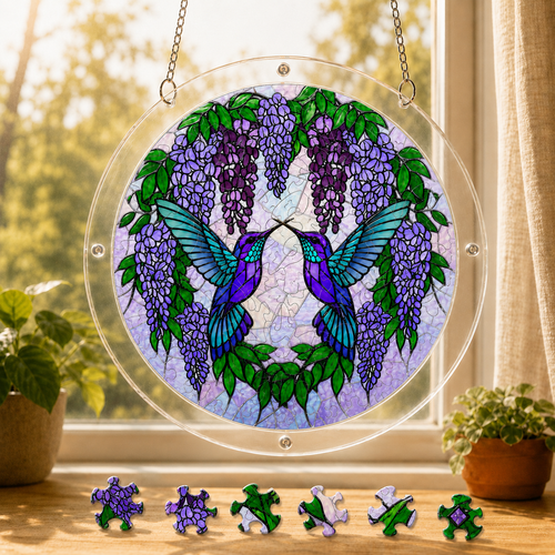 Round Wisteria Duet Hummingbird acrylic puzzle suncatcher hanging in a sunny window with loose colorful puzzle pieces displayed below.