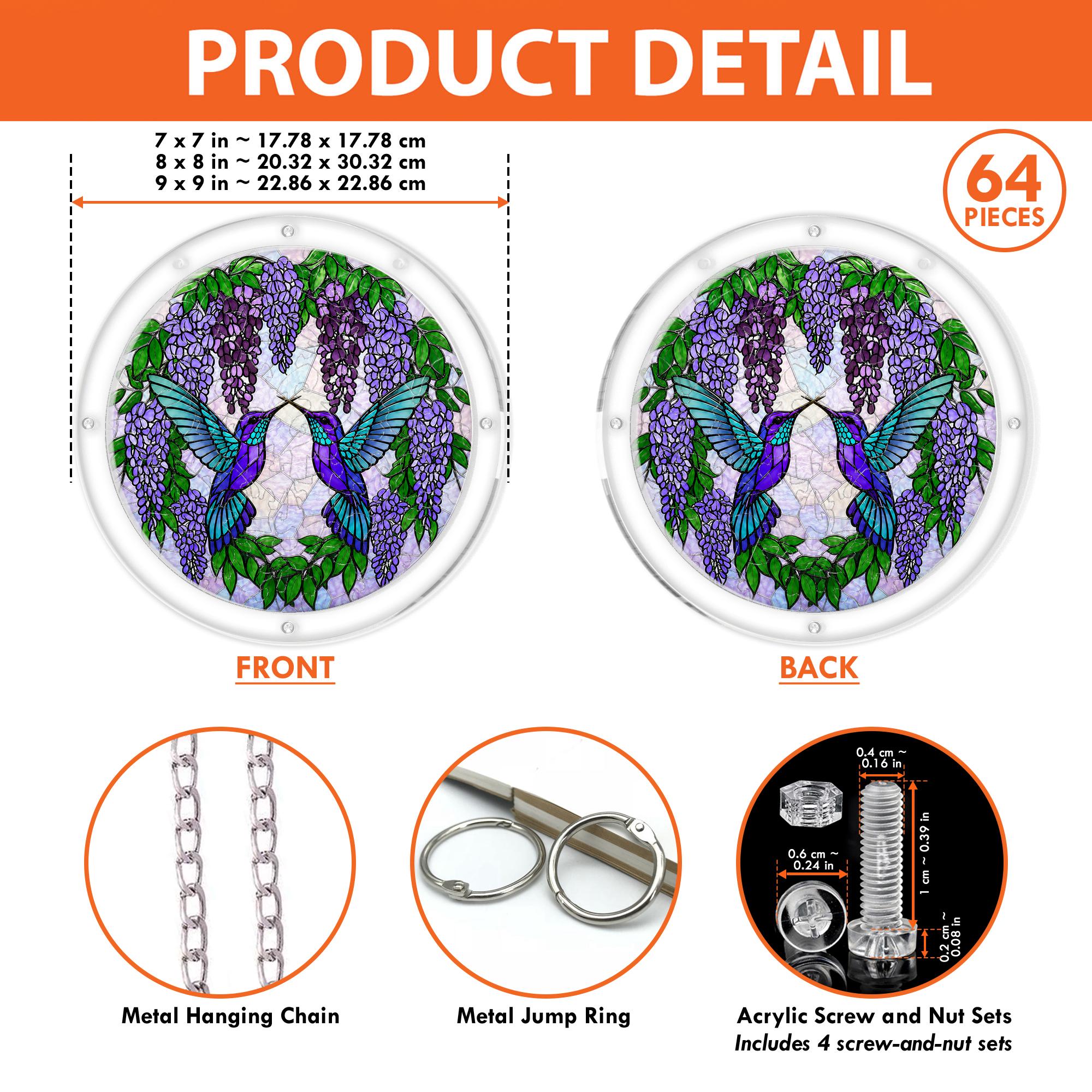 Product detail image showing the layered acrylic structure and assembly view of the Wisteria Duet Hummingbird puzzle suncatcher.