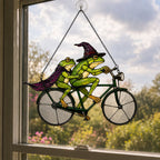 Witch Frog Couple on a Bicycle Holographic Acrylic Suncatcher
