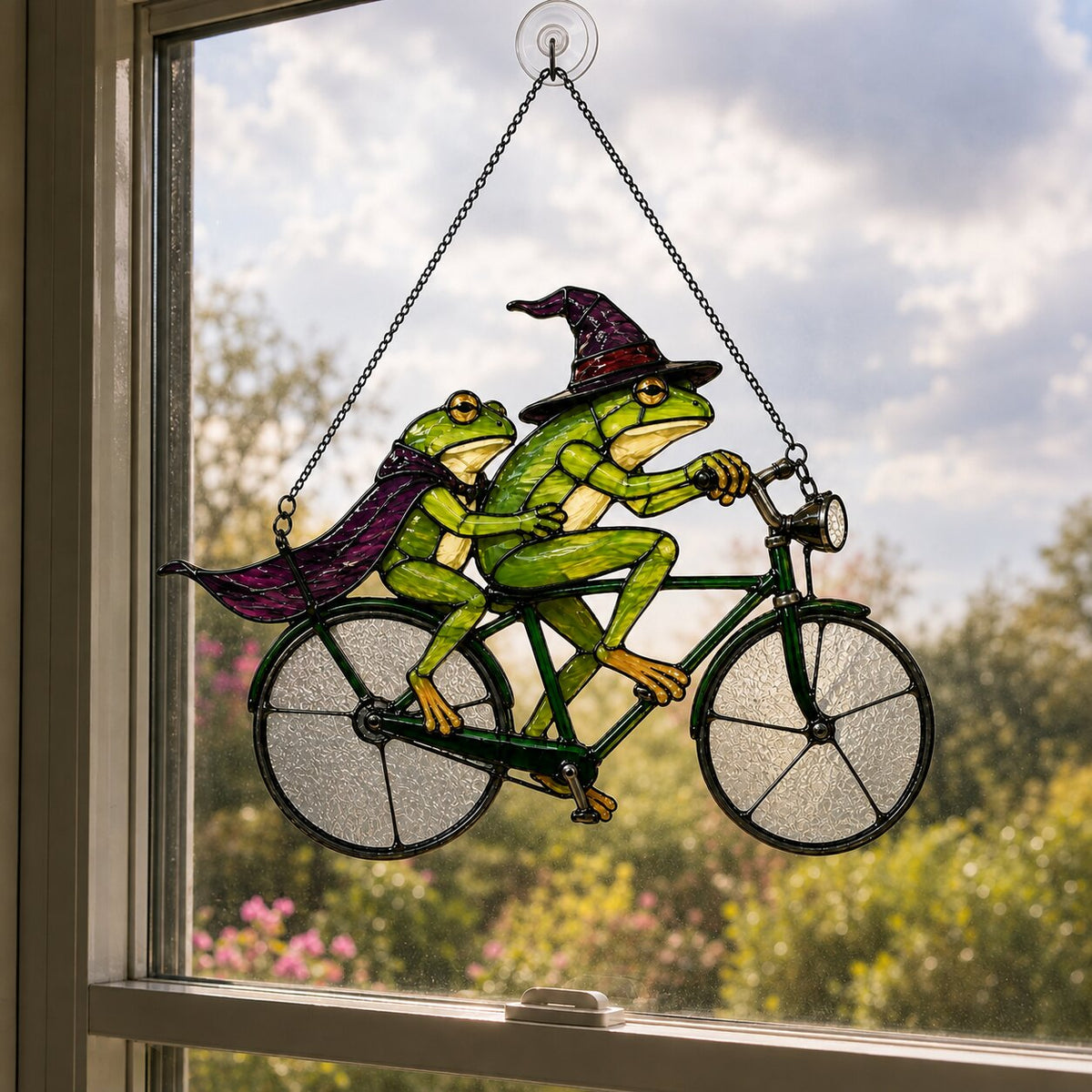 Witch Frog Couple on a Bicycle Holographic Acrylic Suncatcher