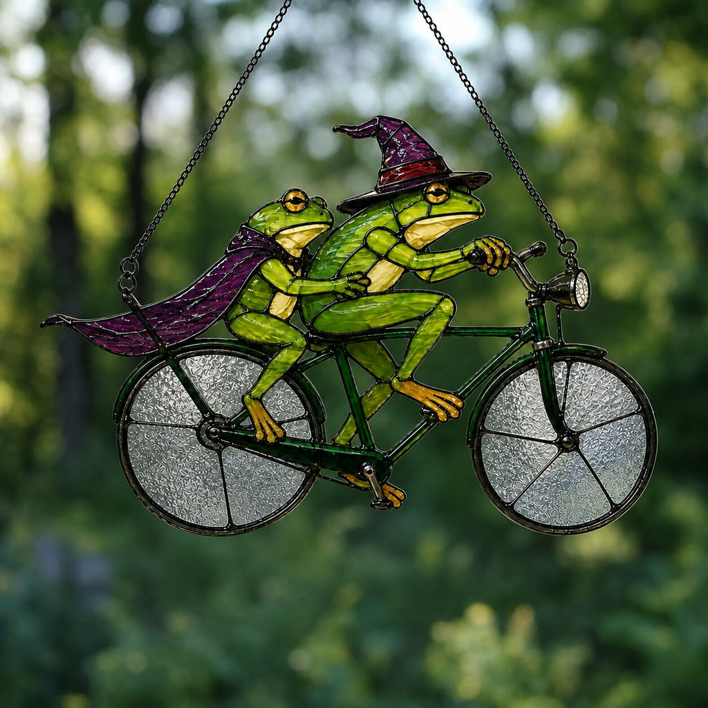 Witch Frog Couple on a Bicycle Holographic Acrylic Suncatcher