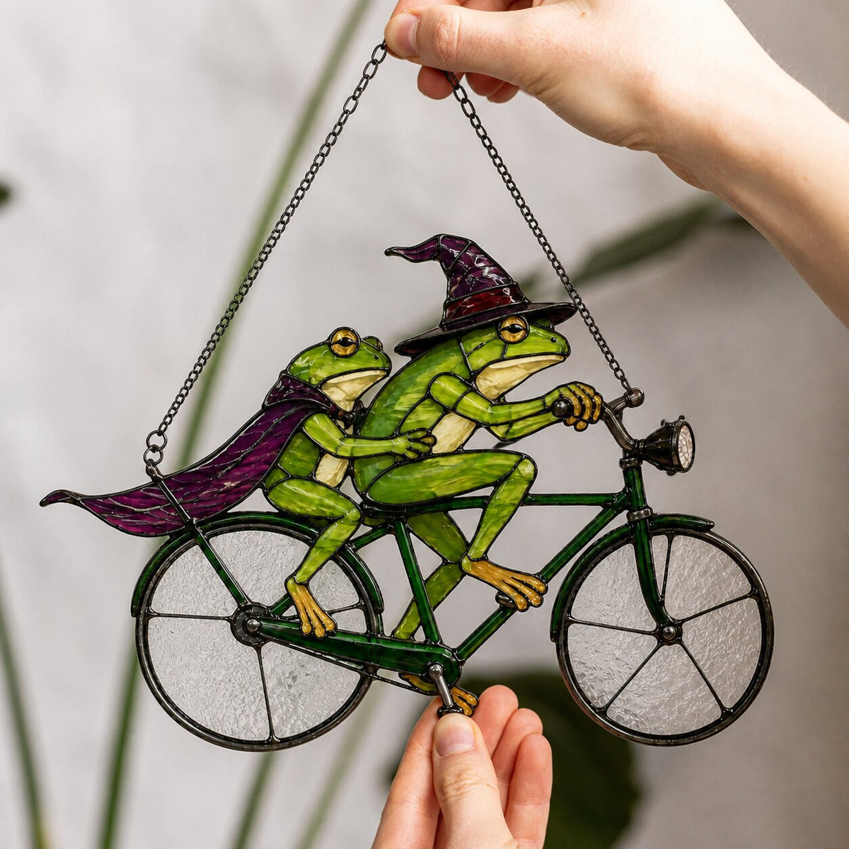 Witch Frog Couple on a Bicycle Holographic Acrylic Suncatcher