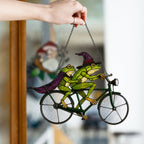 Witch Frog Couple on a Bicycle Holographic Acrylic Suncatcher