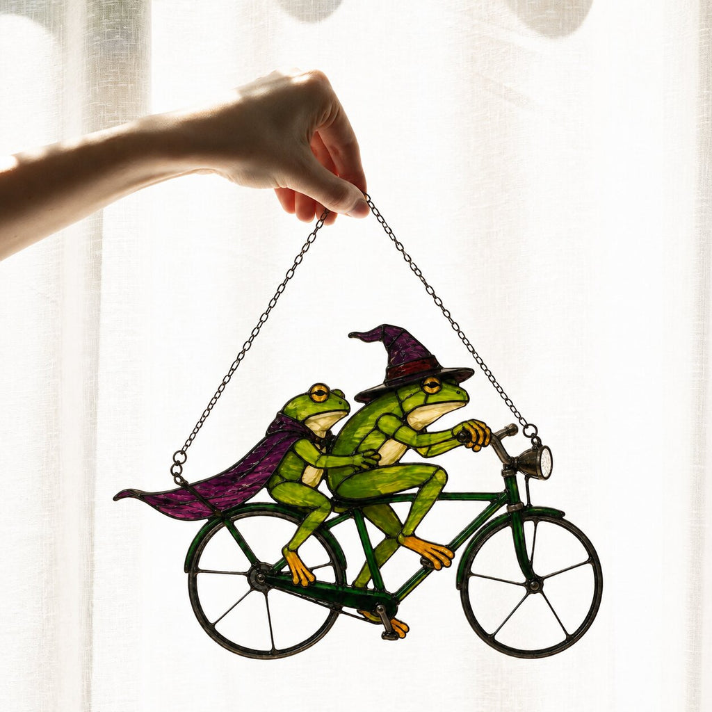 Witch Frog Couple on a Bicycle Holographic Acrylic Suncatcher