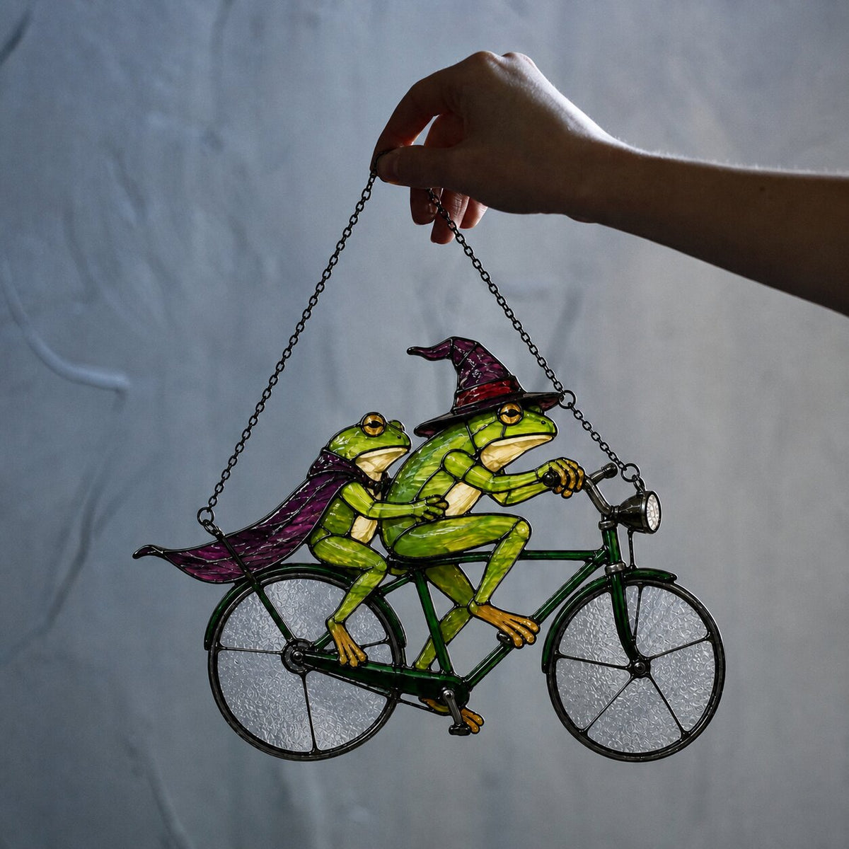 Witch Frog Couple on a Bicycle Holographic Acrylic Suncatcher