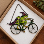 Witch Frog Couple on a Bicycle Holographic Acrylic Suncatcher