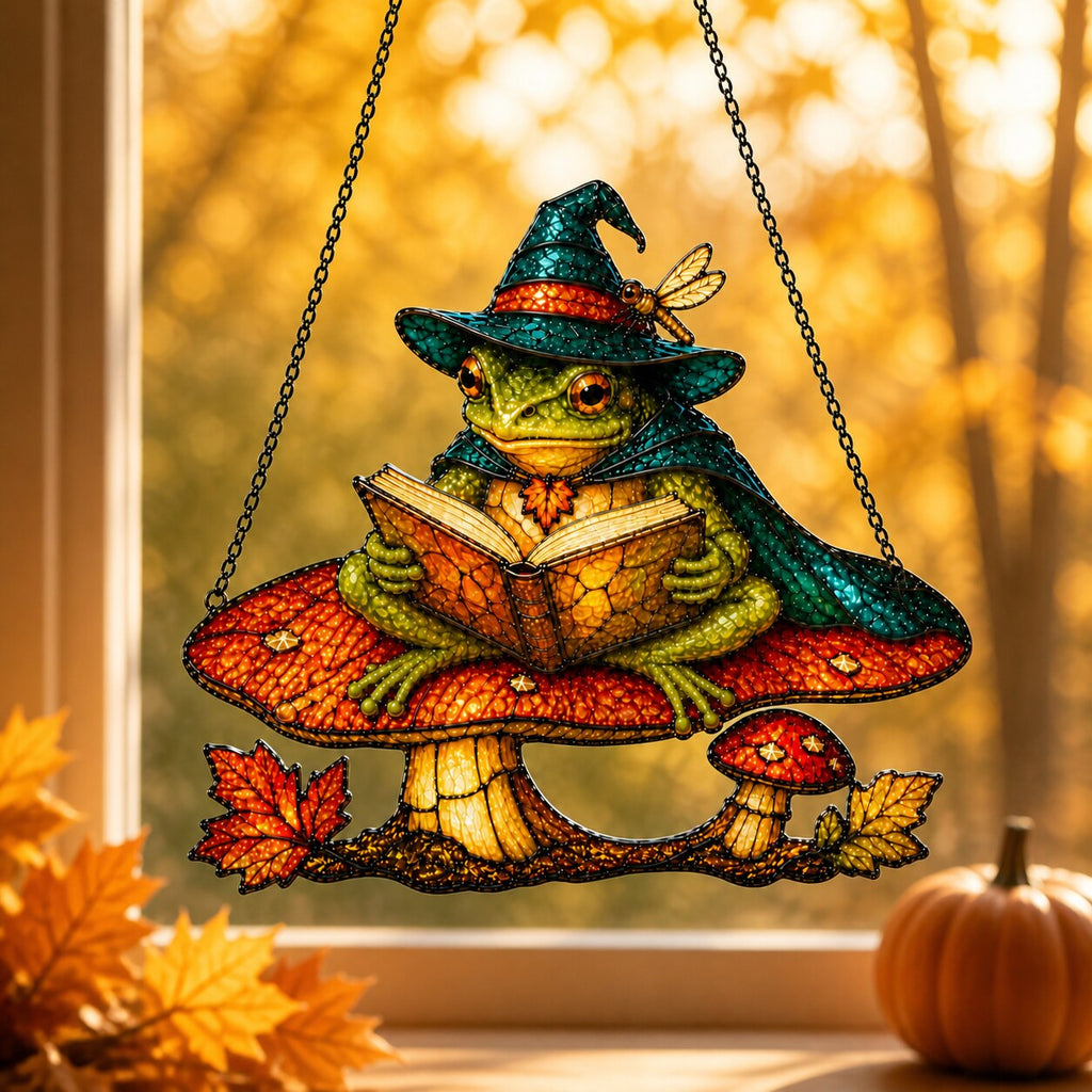 Witch Hat Frog on Mushroom Holographic Acrylic Suncatcher
