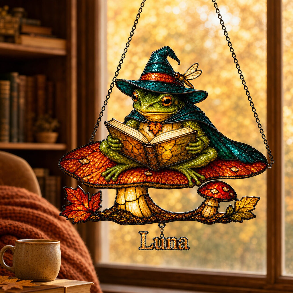 Witch Hat Frog on Mushroom Holographic Acrylic Suncatcher