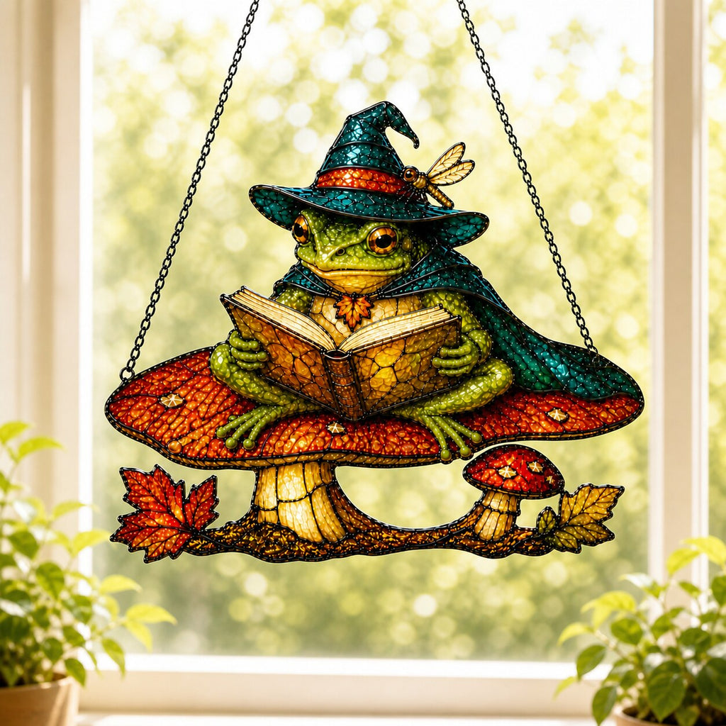 Witch Hat Frog on Mushroom Holographic Acrylic Suncatcher