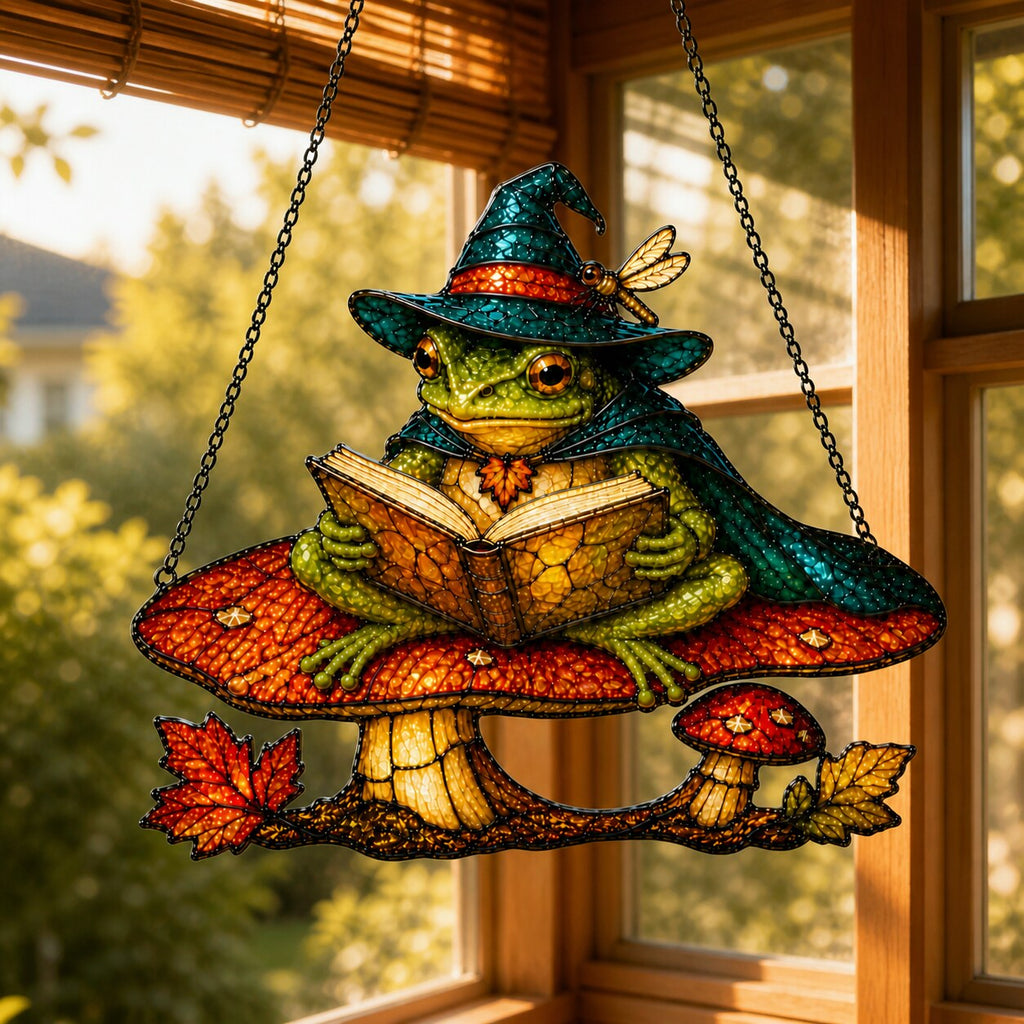 Witch Hat Frog on Mushroom Holographic Acrylic Suncatcher
