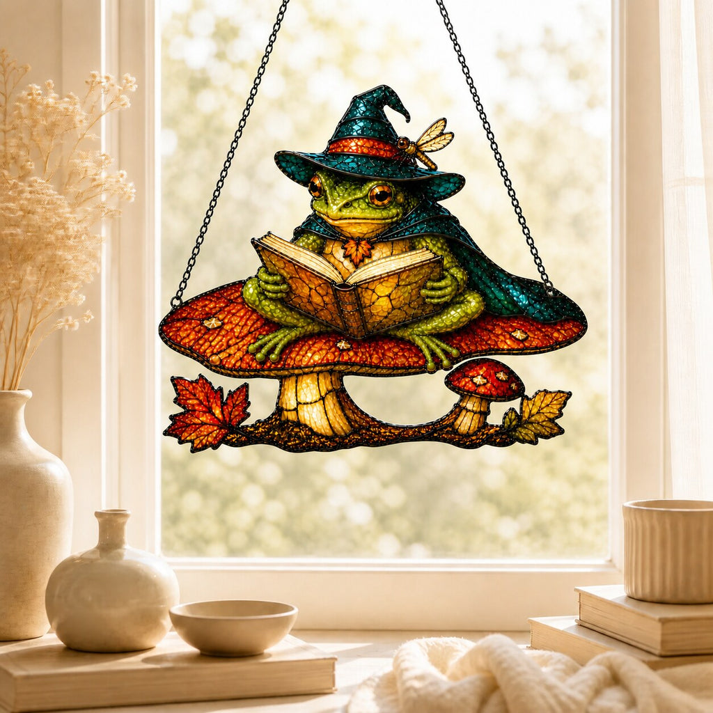 Witch Hat Frog on Mushroom Holographic Acrylic Suncatcher