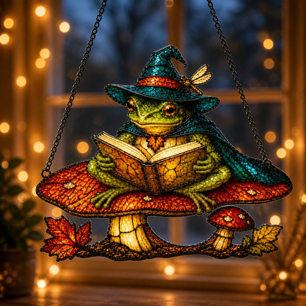 Witch Hat Frog on Mushroom Holographic Acrylic Suncatcher