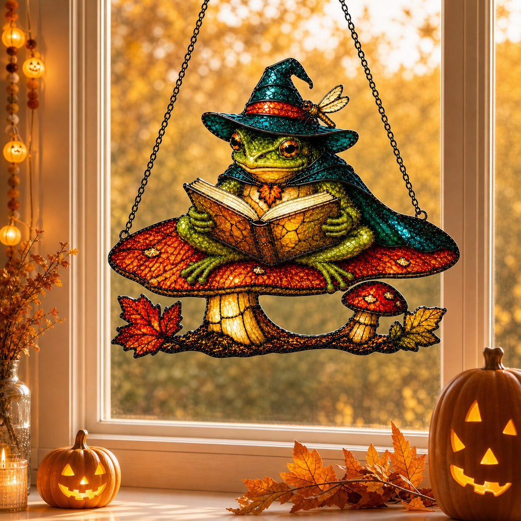Witch Hat Frog on Mushroom Holographic Acrylic Suncatcher