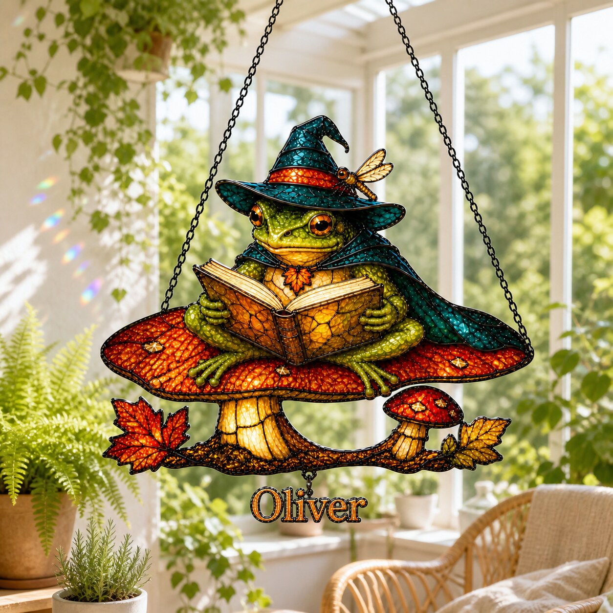 Witch Hat Frog on Mushroom Holographic Acrylic Suncatcher