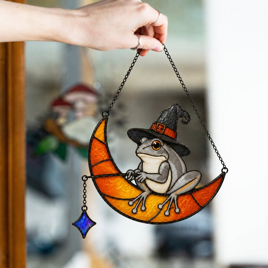 Witch Hat Frog on Crescent Moon Holographic Acrylic Suncatcher