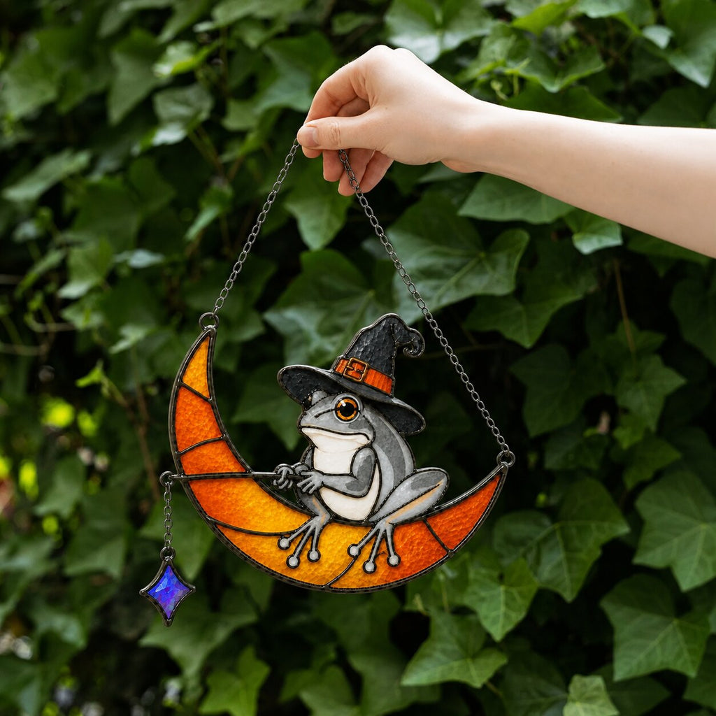 Witch Hat Frog on Crescent Moon Holographic Acrylic Suncatcher