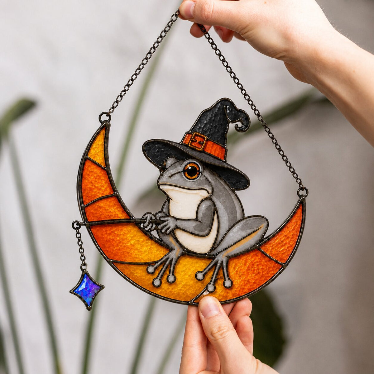 Witch Hat Frog on Crescent Moon Holographic Acrylic Suncatcher