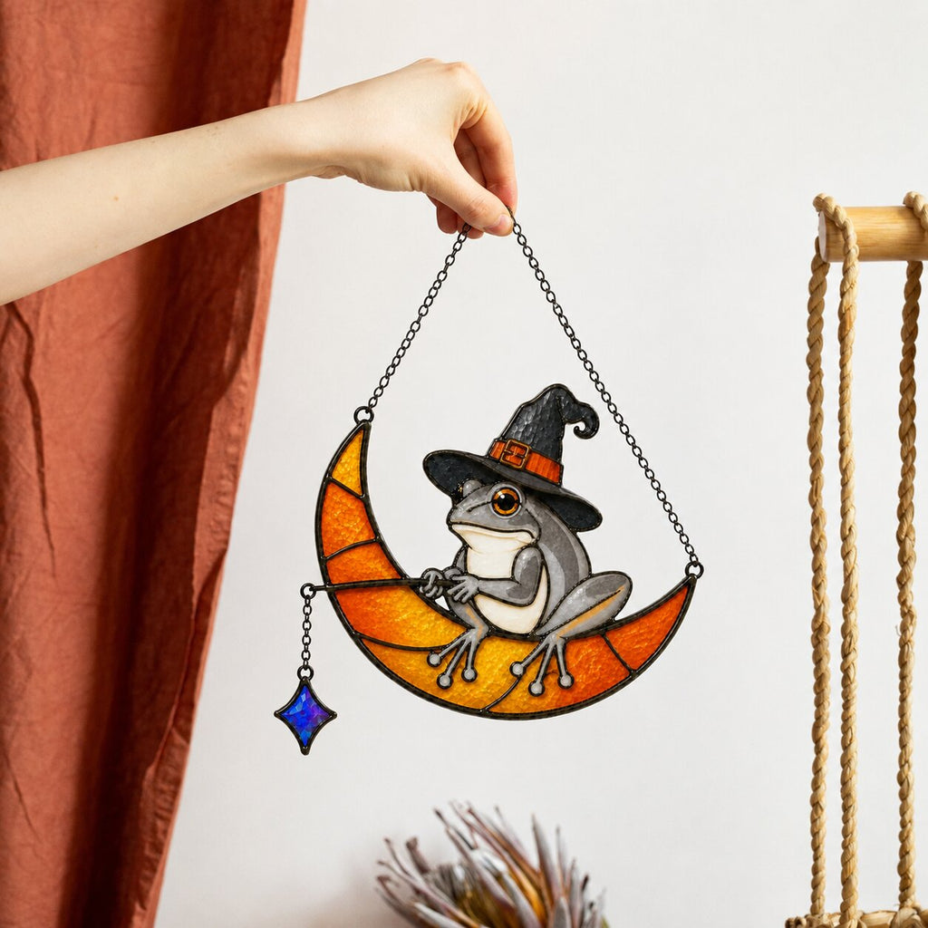 Witch Hat Frog on Crescent Moon Holographic Acrylic Suncatcher