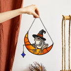 Witch Hat Frog on Crescent Moon Holographic Acrylic Suncatcher