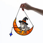 Witch Hat Frog on Crescent Moon Holographic Acrylic Suncatcher