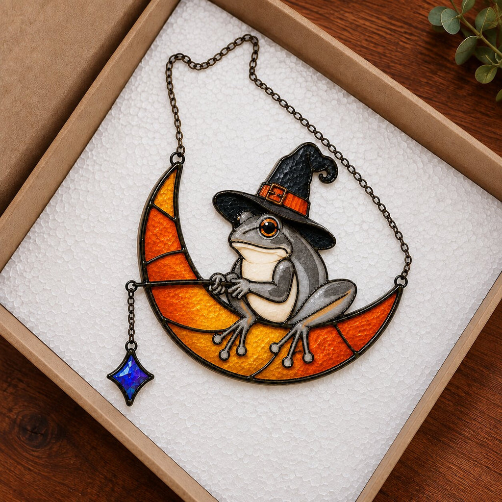 Witch Hat Frog on Crescent Moon Holographic Acrylic Suncatcher