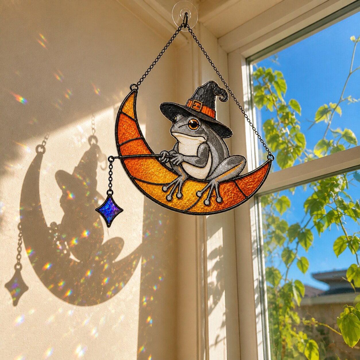 Witch Hat Frog on Crescent Moon Holographic Acrylic Suncatcher